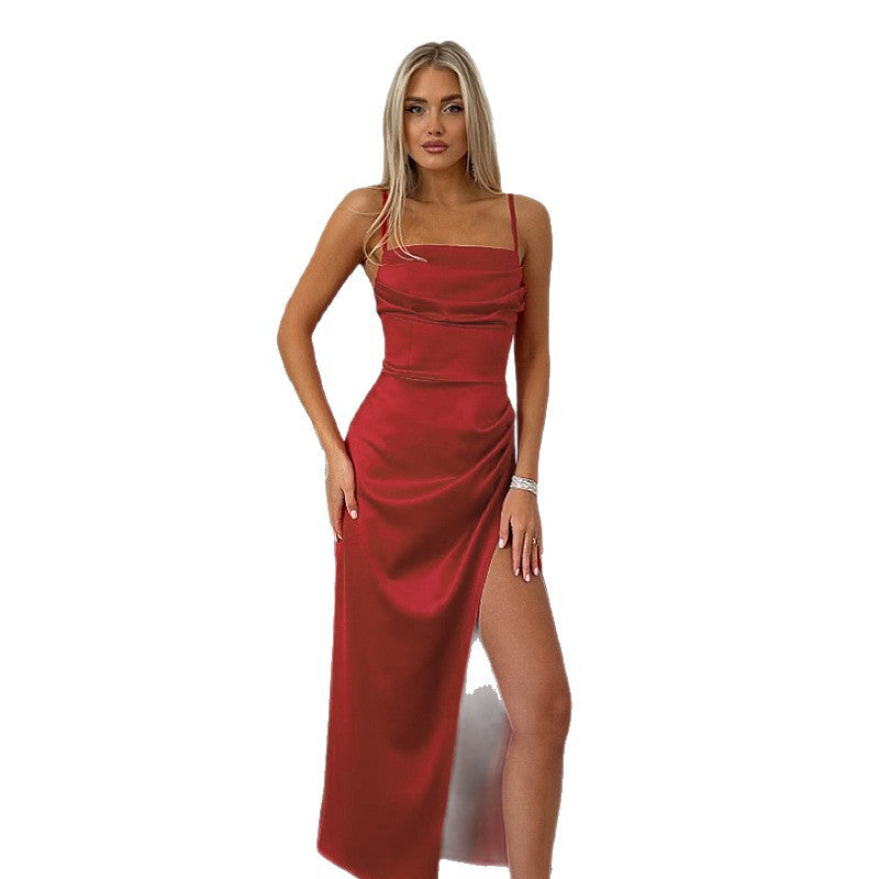 Strappy Sexy Slit Satin Evening Dress Women Long Dress