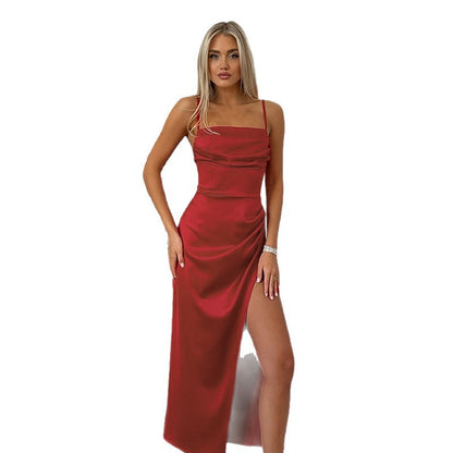 Strappy Sexy Slit Satin Evening Dress Women Long Dress