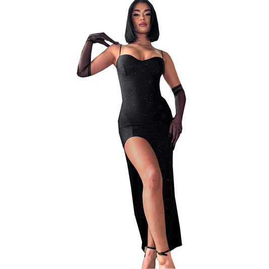 Backless powder sprinkled sparkling suspender dress