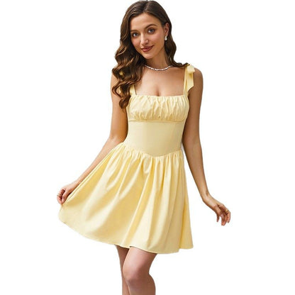 Yellow Fitted Strapless Dress with Binding Short Skirt Versatile