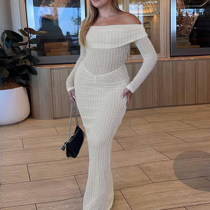 Sexy waist cinched one shoulder textured long sleeved dress