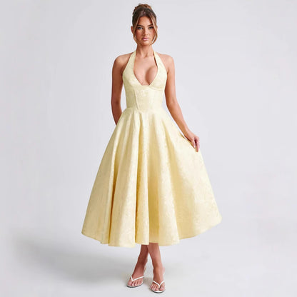 Women's French Holiday Style V-Neck Sleeveless Jacquard Waist-Tied Long Dress Y2K