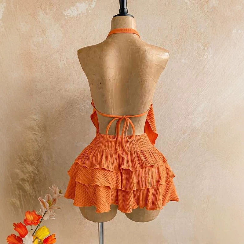 Neck Strap Textured Crinkle Cardigan Top  Ruffle Mini Skirt Two-Piece Set