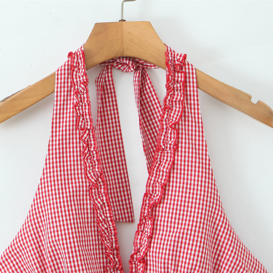 Spicy girl short red checkered neck hanging dress
