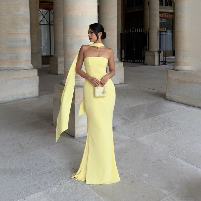 Elegant Fitted Strapless Ribbon-Trimmed Sheath Dress for Women Party Evening Gown