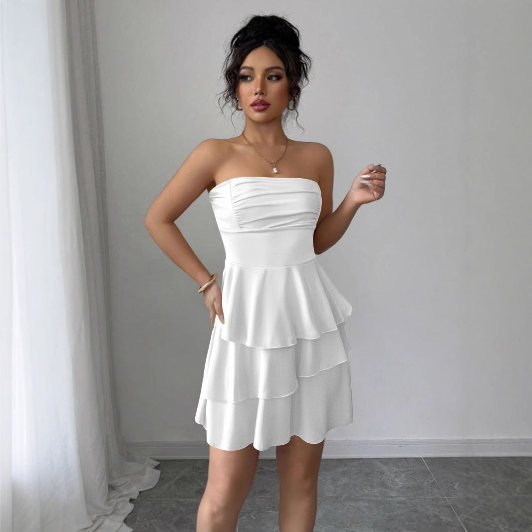 Women's Summer New Fashion Backless Internet Celebrity Style Short Skirt European and American Sexy Halter Solid Color Cake-style Short Skirt