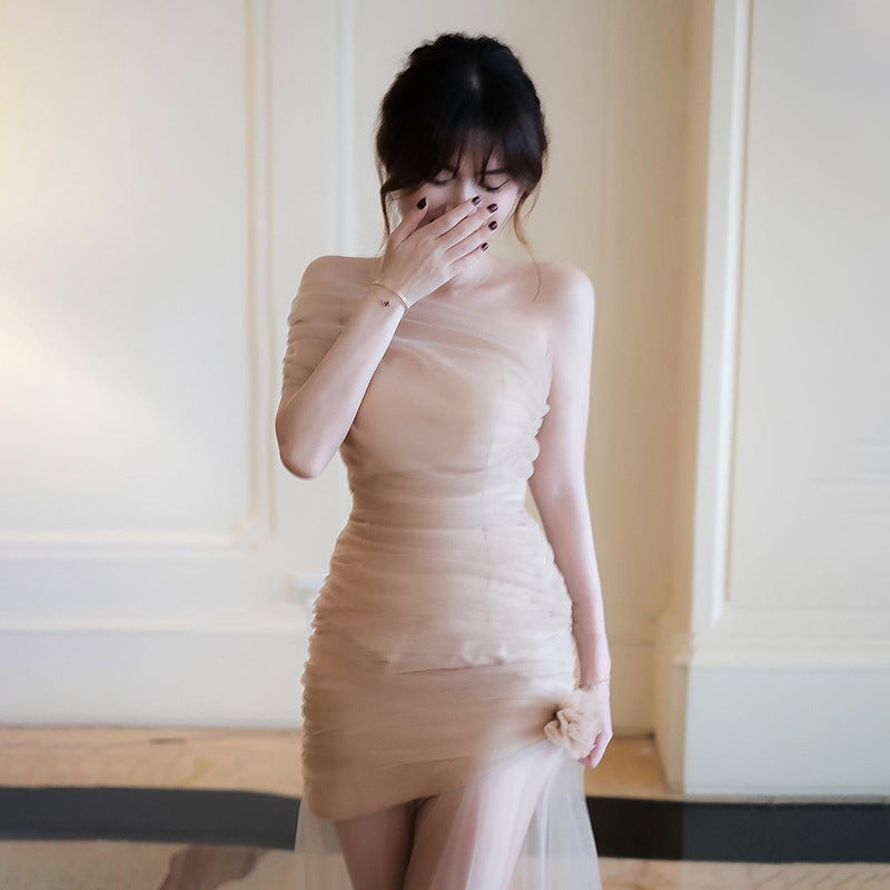 Mesh flower slanted shoulder dress for women