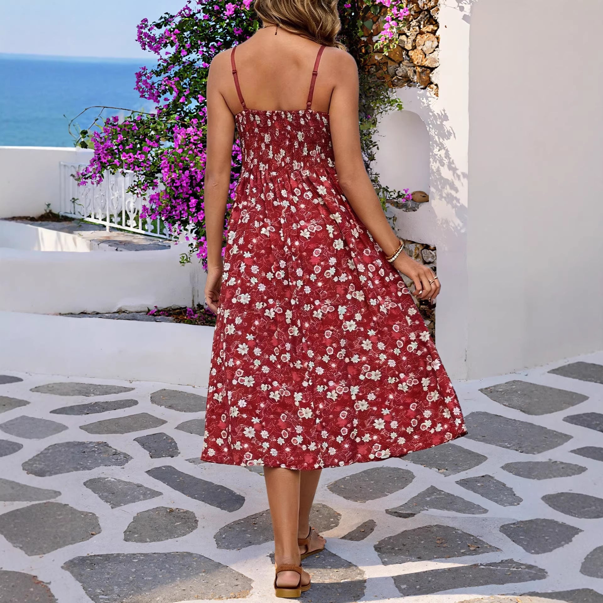 Beach Vacation Style Fitted Floral Strap Dress Women's Casual Sandy Dress