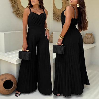 Apricot Pleated Craft Strap Waist Wide Leg Flared Jumpsuit