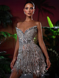 Luxury Party Dresses For Women Evening Formal Occasions Silver Tassels Sexy V Neck Sleeveless Mini Dress