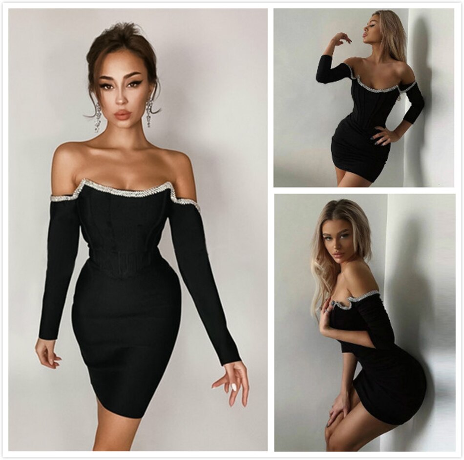 Bandage Dress Long Sleeve Black Bandage Dress Women Mini Crystal Sexy Off Shoulder Bodycon Club Party Dresses