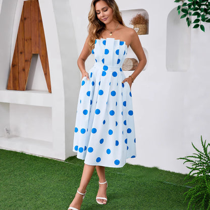 Bodysuit Backless Pockets Tie-up Midi Dress with Large Polka Dots for Wedding and Office Summer Wear