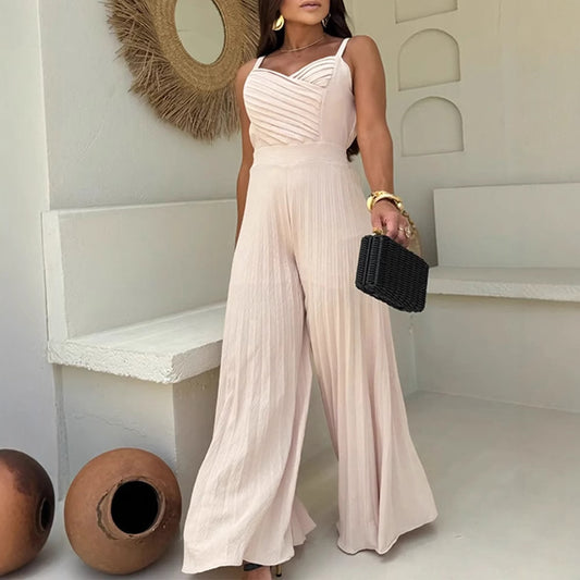 Apricot Pleated Craft Strap Waist Wide Leg Flared Jumpsuit
