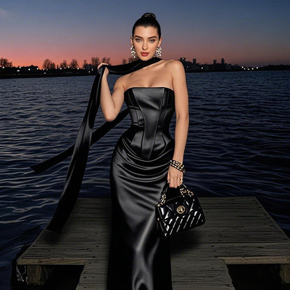 Waist waist top slimming and slimming square neck sexy strapless half skirt set for women