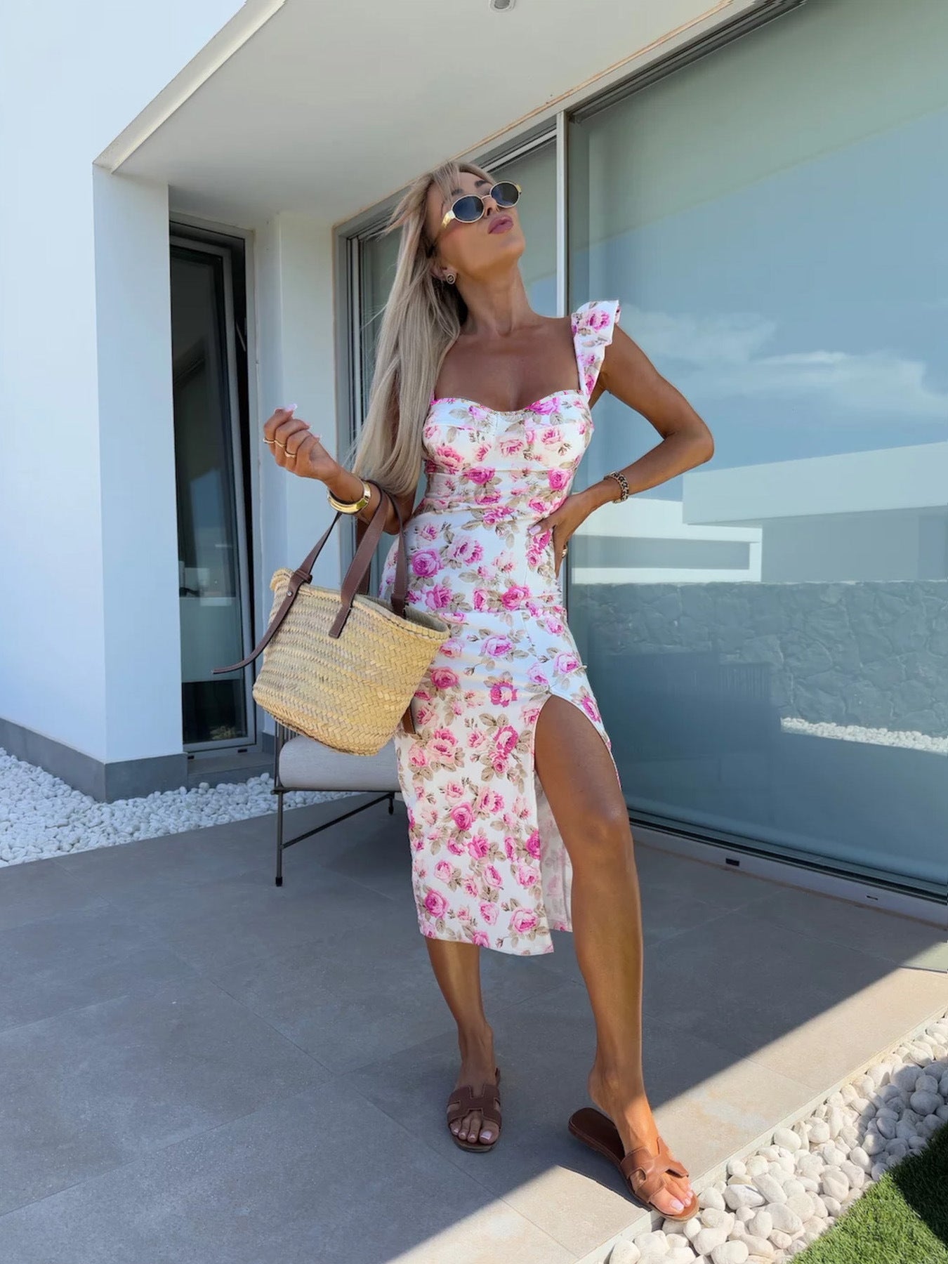 Elegant French Floral Strap Split Midi Women's Dress