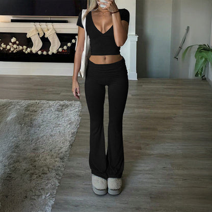 V-neck T-shirt and micro flared pants 2-piece set