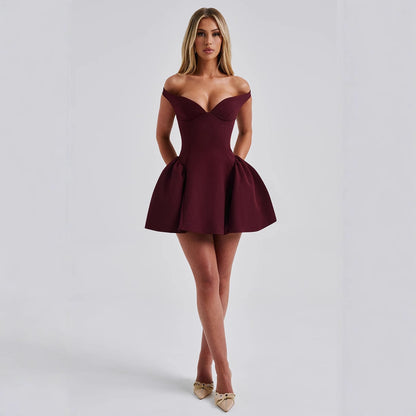 Fashionable low cut V-neck sexy backless solid color dress