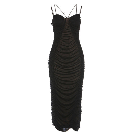 Pleated V-neck sexy backless mesh suspender dress