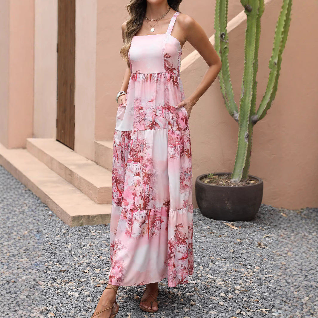 Real Shot Summer Strapless Ink Pocket Dress Beach Vacation Coconut Tree Bohemian Maxi Skirt