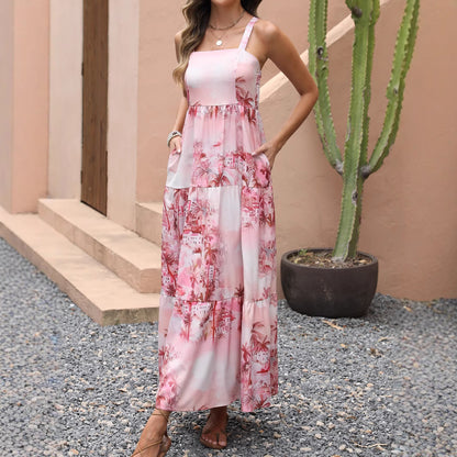 Real Shot Summer Strapless Ink Pocket Dress Beach Vacation Coconut Tree Bohemian Maxi Skirt