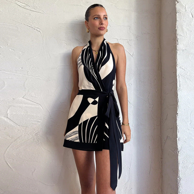 Black and white neck hanging big backless sexy short dress