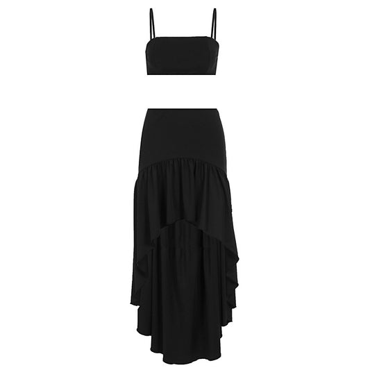 Strap vest irregular pleated long skirt set