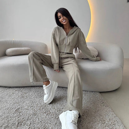 Waist up hooded sweatshirt tie up wide leg pants two-piece set
