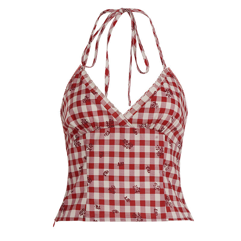Retro red checkered V-neck halter strap