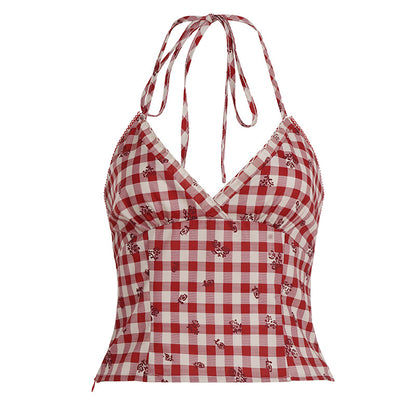 Retro red checkered V-neck halter strap