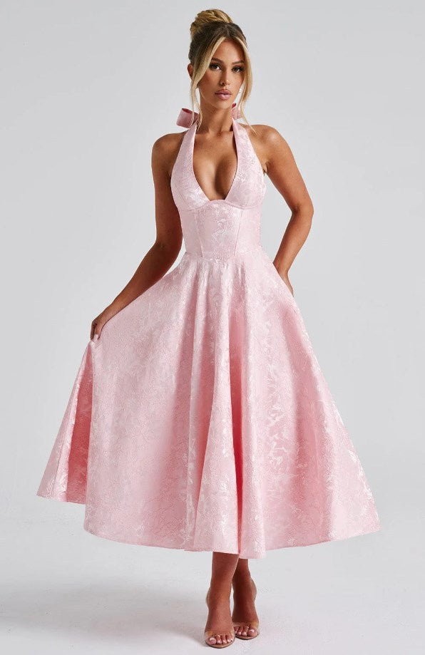 Women's French Holiday Style V-Neck Sleeveless Jacquard Waist-Tied Long Dress Y2K