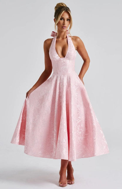 Women's French Holiday Style V-Neck Sleeveless Jacquard Waist-Tied Long Dress Y2K