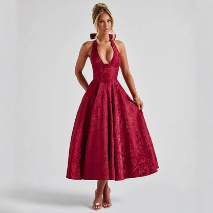 Women's French Holiday Style V-Neck Sleeveless Jacquard Waist-Tied Long Dress Y2K