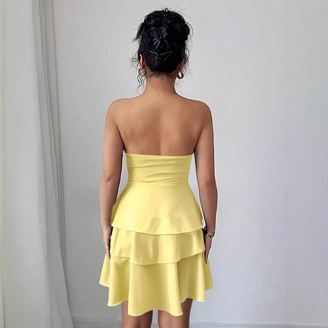 Women's Summer New Fashion Backless Internet Celebrity Style Short Skirt European and American Sexy Halter Solid Color Cake-style Short Skirt