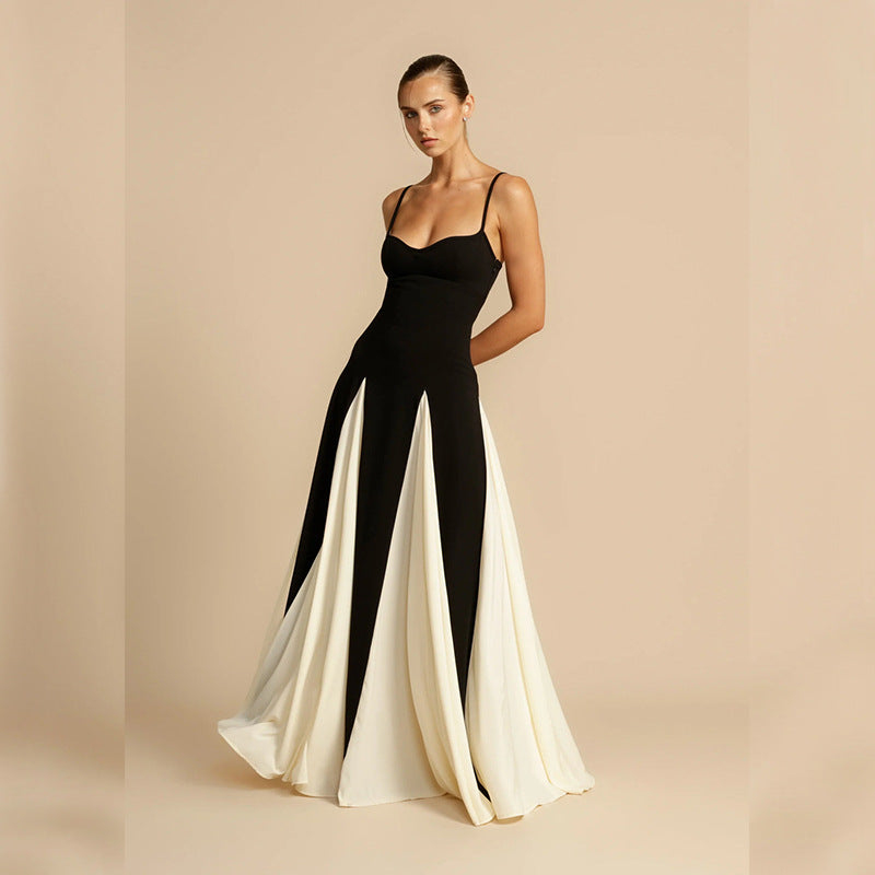 Elegant and sexy backless camisole slim fit contrasting dress for women