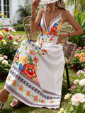 Vintage Ethnic Print Elegant Fitted Slimming Short Vacation Dress for Women