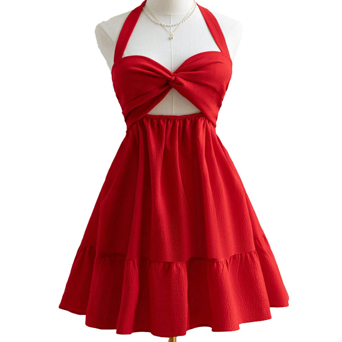 Women's sexy neck hanging red dress, pure desire backless short skirt