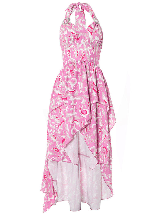 European and American women's sleeveless hanging neck backless high waisted printed ruffle edge skirt dress