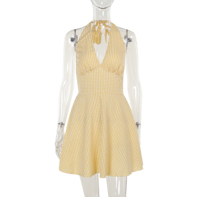 Sexy backless hanging neck plaid A-list dress for women