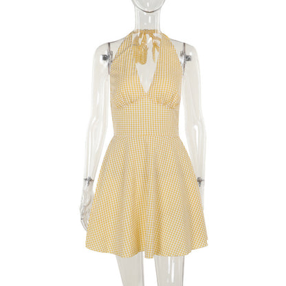 Sexy backless hanging neck plaid A-list dress for women