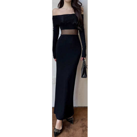 Spicy girl wrapped buttocks skirt sexy mesh one shoulder dress