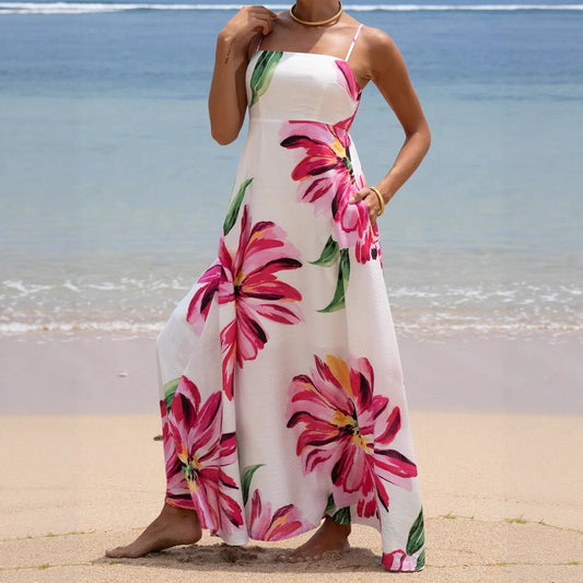 Bohemian Print Large Flower Pocket Maxi Dress with Straps for Vacation
