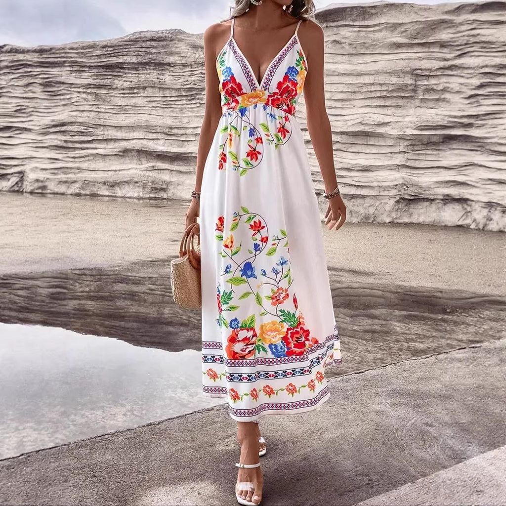 Vintage Ethnic Print Elegant Fitted Slimming Short Vacation Dress for Women
