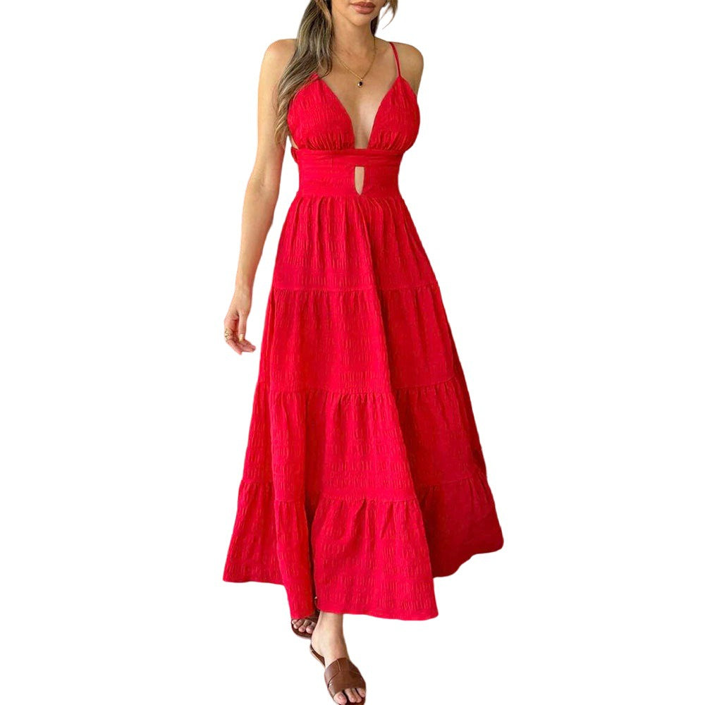 Women's sexy red camisole dress with spring and summer V-neck, European and American big swing long skirt
