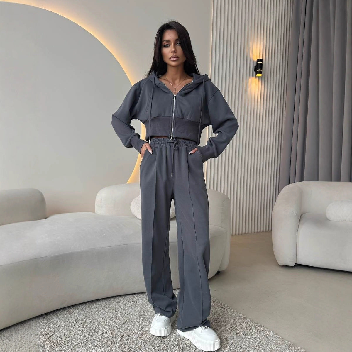 Waist up hooded sweatshirt tie up wide leg pants two-piece set