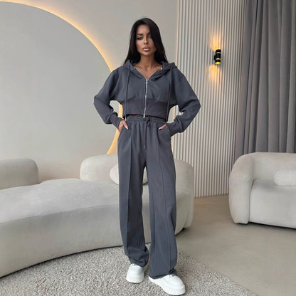 Waist up hooded sweatshirt tie up wide leg pants two-piece set
