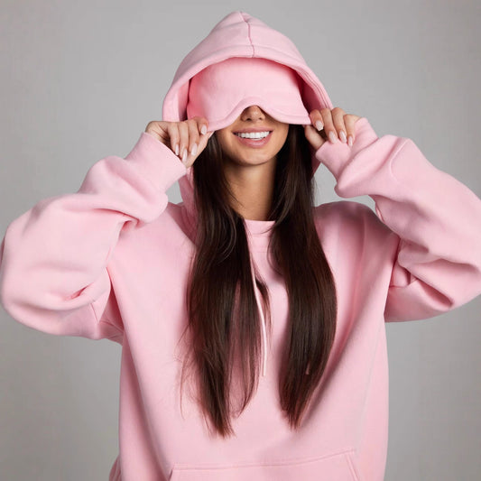 Solid color hooded sweatshirt with eye mask and pants set