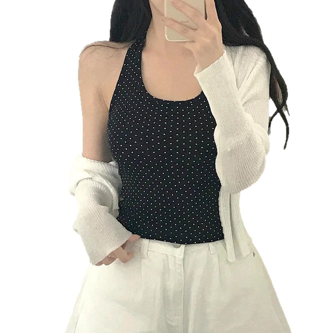 Sweet and Pure U-neck Polka Dot Halter Tank Top Basic Summer Fitted Sexy Short Sleeveless Top