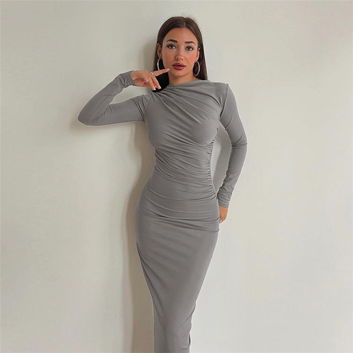 Elegant Solid Color Long Bodycon Dress for WomenFitted Silhouette Casual Wear