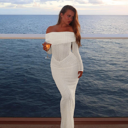 Sexy waist cinched one shoulder textured long sleeved dress