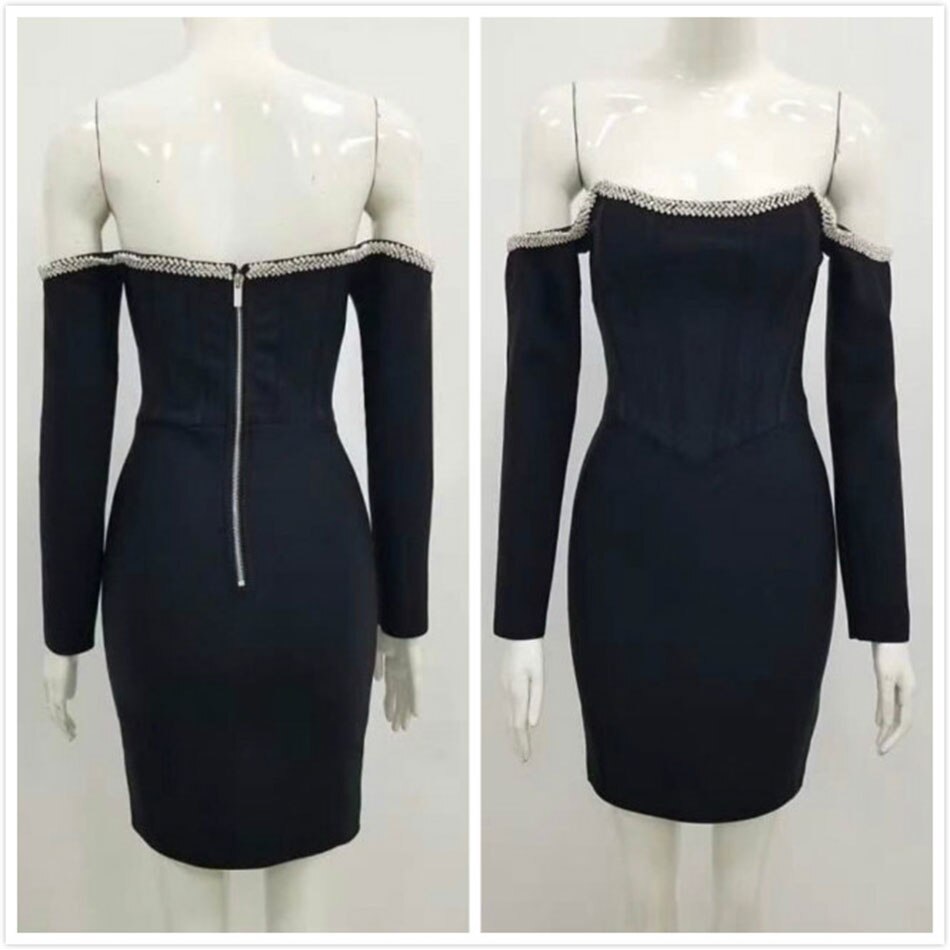 Bandage Dress Long Sleeve Black Bandage Dress Women Mini Crystal Sexy Off Shoulder Bodycon Club Party Dresses